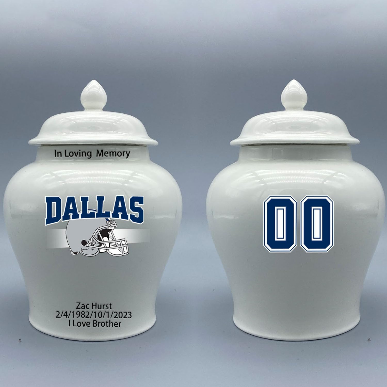 Custom Football Porcelain Urn – Add Name, Date & Jersey Number