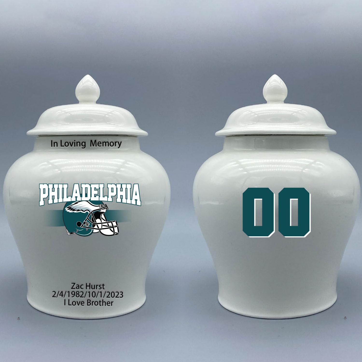 Custom Football Porcelain Urn – Add Name, Date & Jersey Number