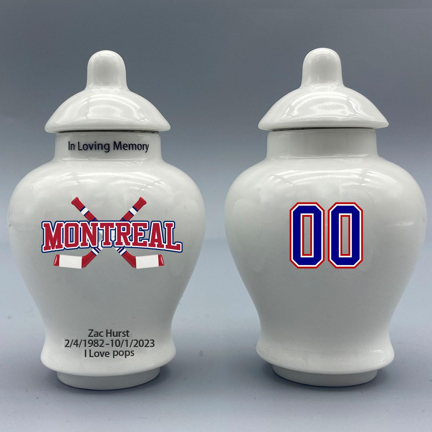 Custom Hockey Porcelain Urn – Add Name, Date & Jersey Number