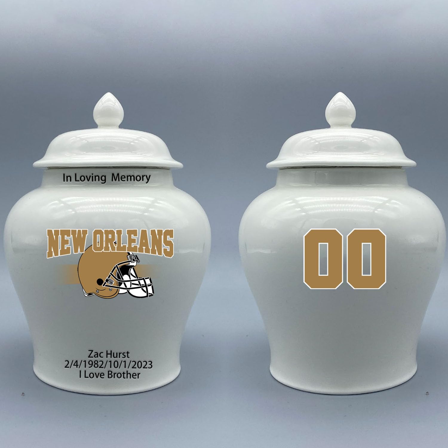 Custom Football Porcelain Urn – Add Name, Date & Jersey Number