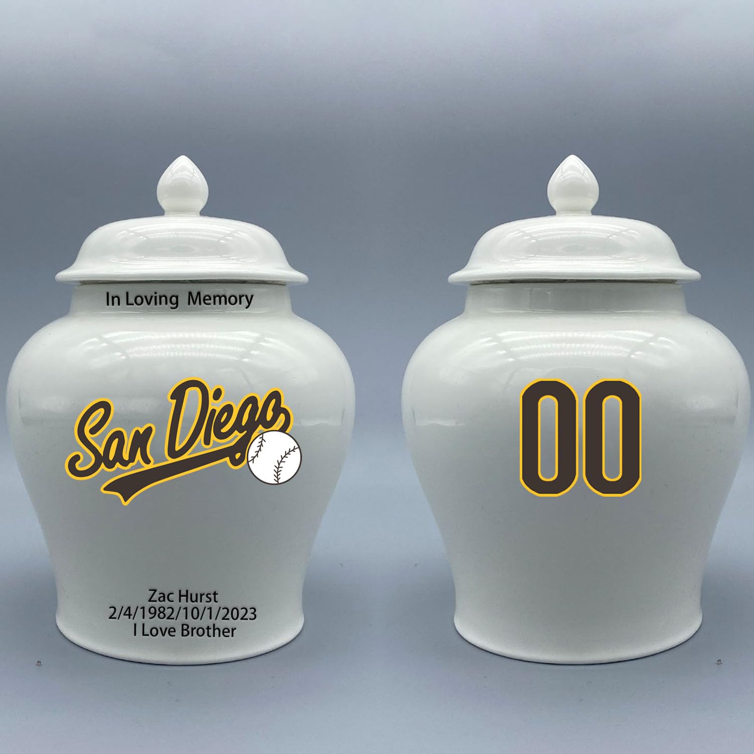 Custom Baseball Porcelain Urn – Add Name, Date & Jersey Number