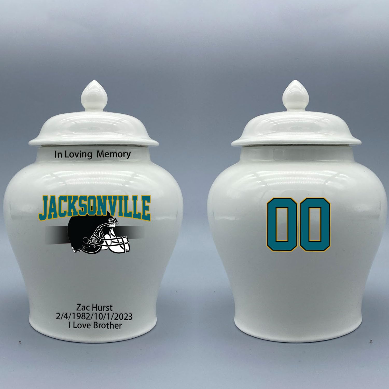 Custom Football Porcelain Urn – Add Name, Date & Jersey Number