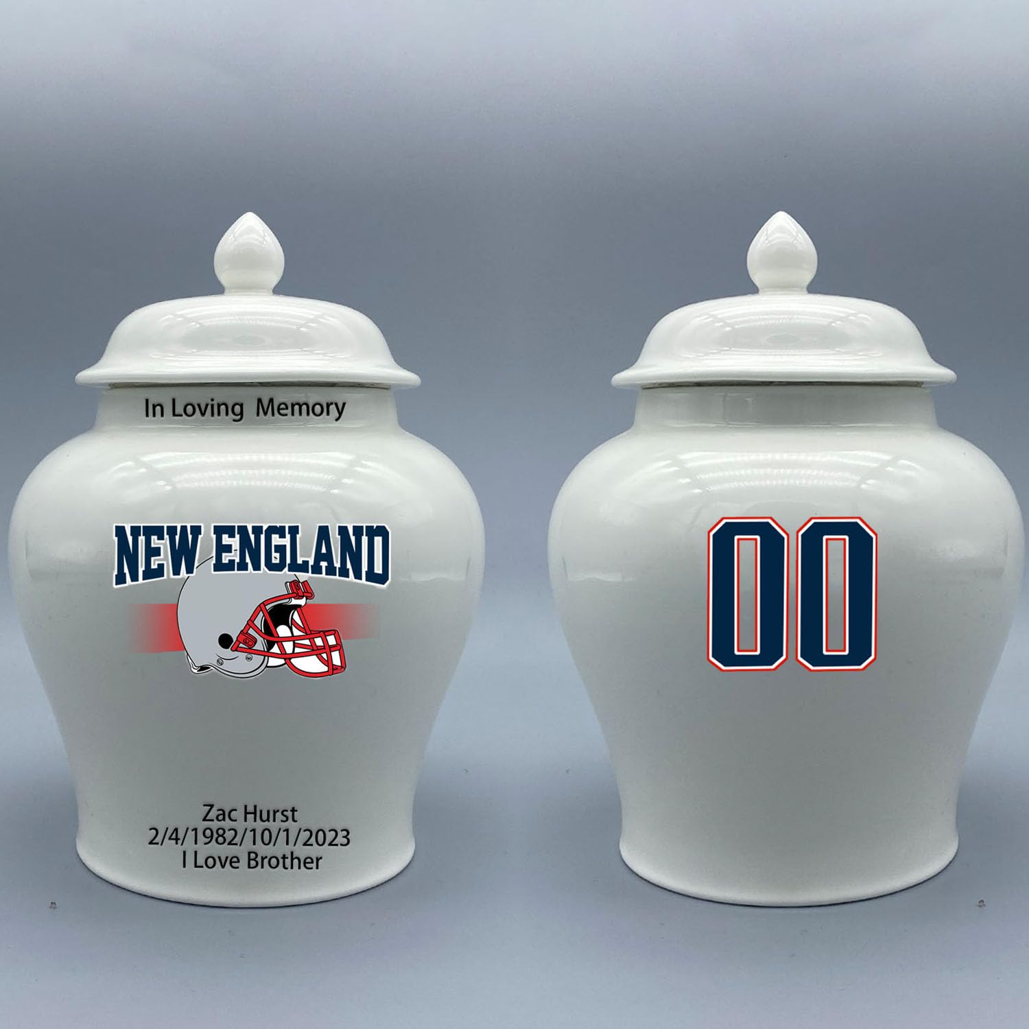 Custom Football Porcelain Urn – Add Name, Date & Jersey Number