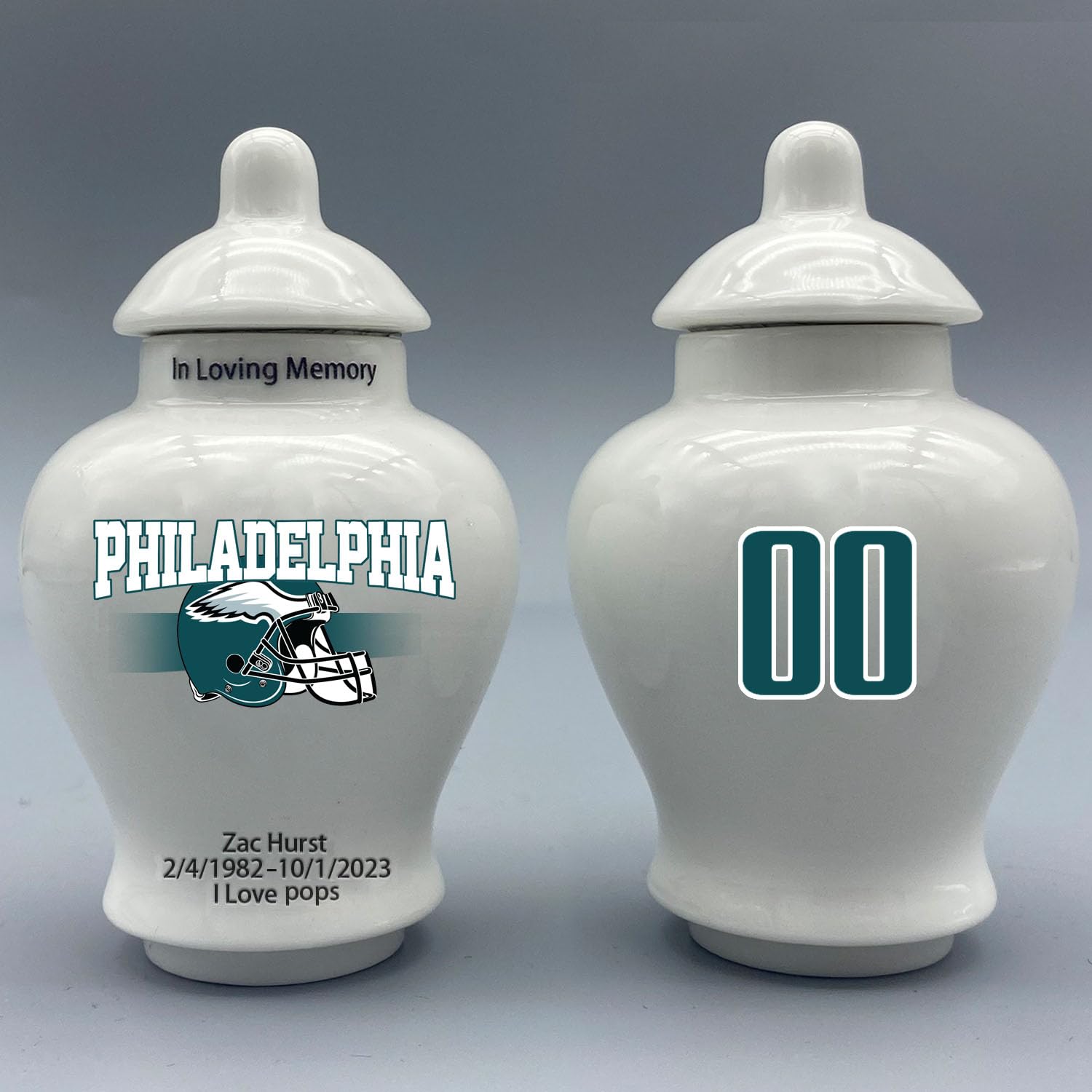 Custom Football Porcelain Urn – Add Name, Date & Jersey Number