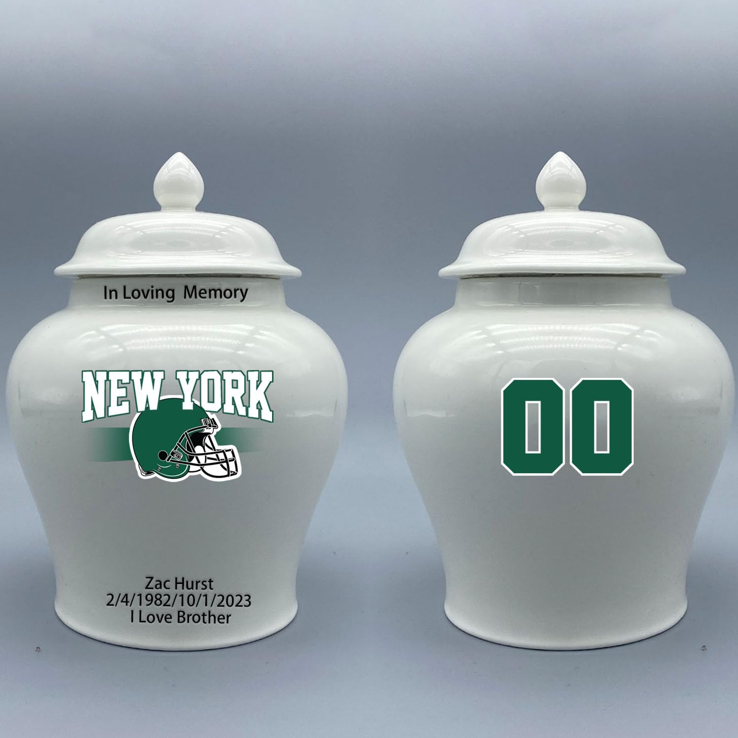 Custom Football Porcelain Urn – Add Name, Date & Jersey Number