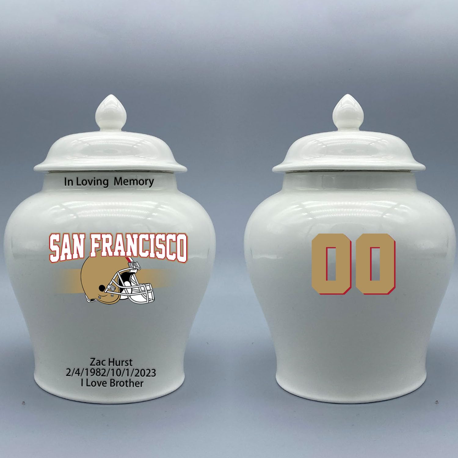 Custom Football Porcelain Urn – Add Name, Date & Jersey Number