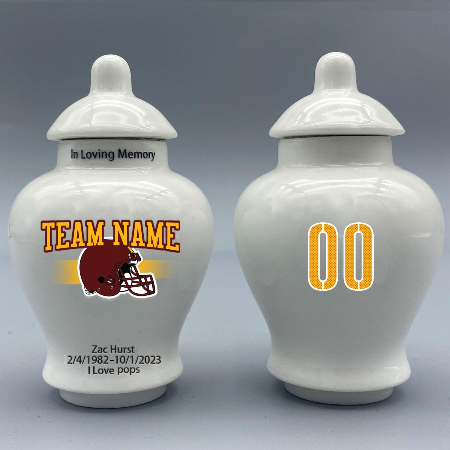 Custom Football Porcelain Urn – Add Name, Date & Jersey Number