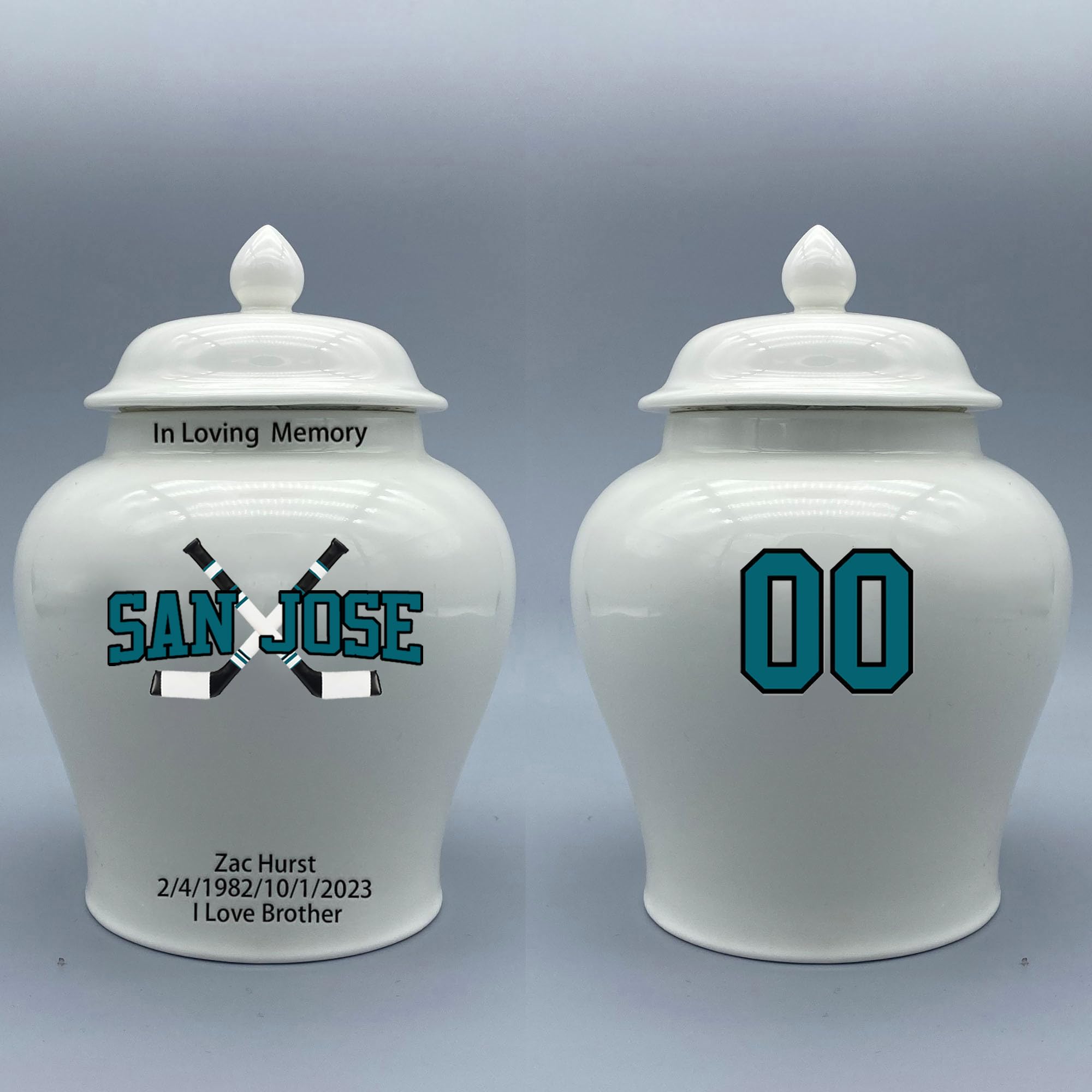 Custom Hockey Porcelain Urn – Add Name, Date & Jersey Number