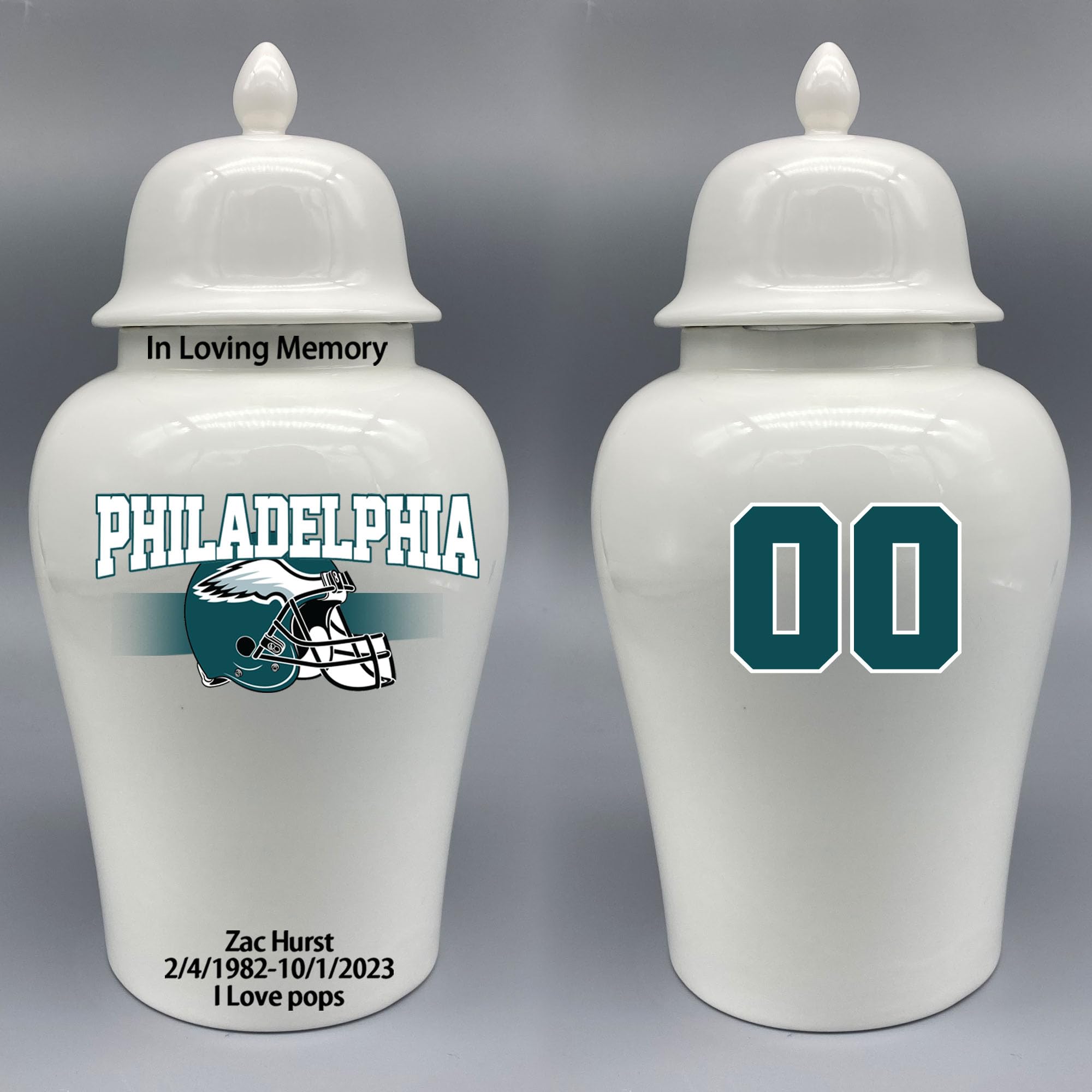Custom Football Porcelain Urn – Add Name, Date & Jersey Number